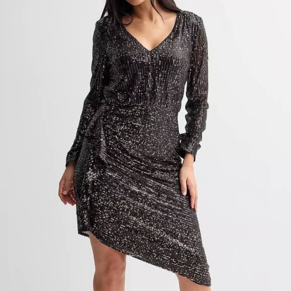 London Times Black Sparkle Sequin Asymmetrical Hem Faux Wrap Midi Dress, Size 16
